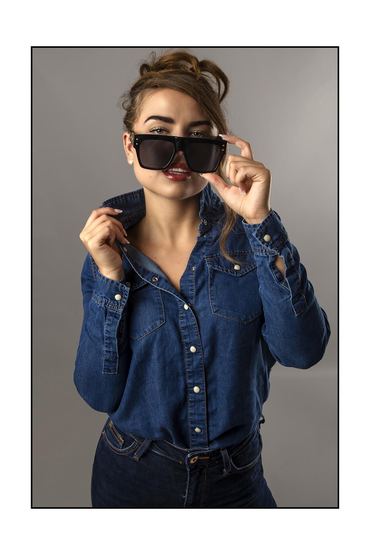 Jess Edwards Model in blue double denim, Editorial Photographer Sheffield, Lance Burkitt