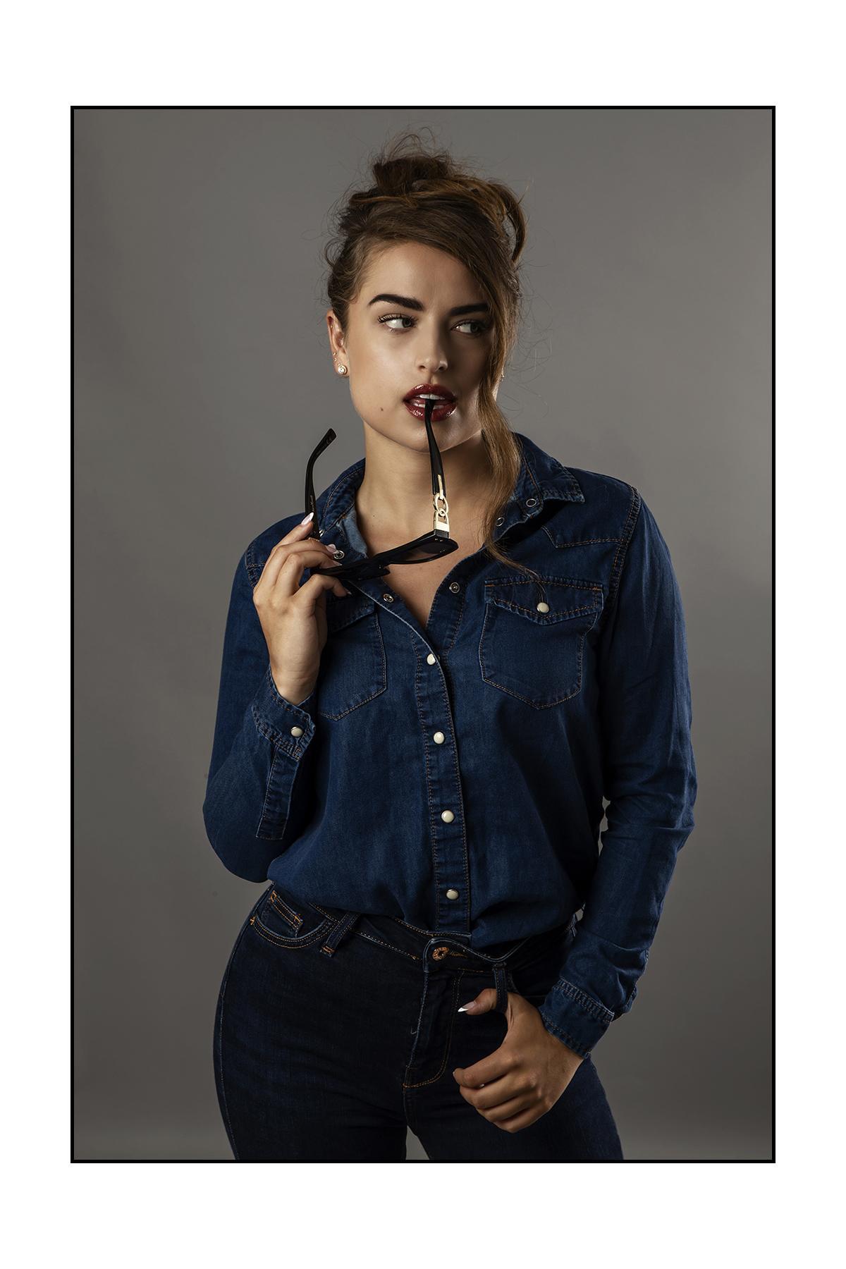 Model Jess Edwards in blue double denim, Editorial Photographer Sheffield, Lance Burkitt