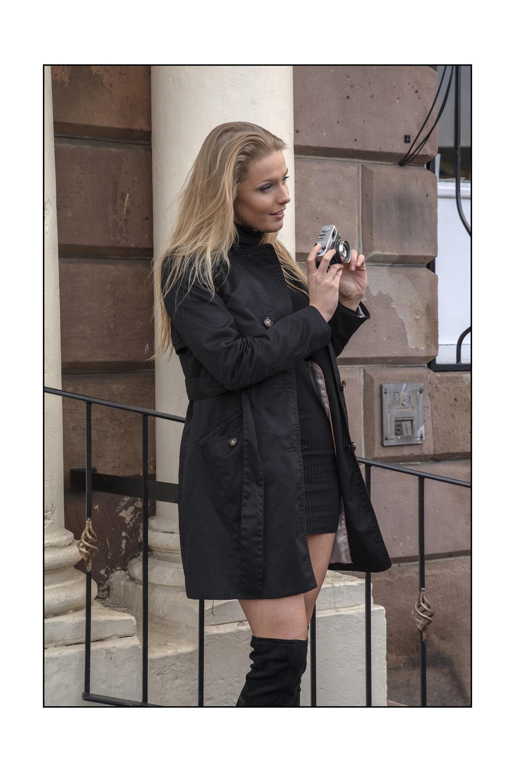 Female model with camera on the street, Editorial Photographer Sheffield, Lance Burkitt