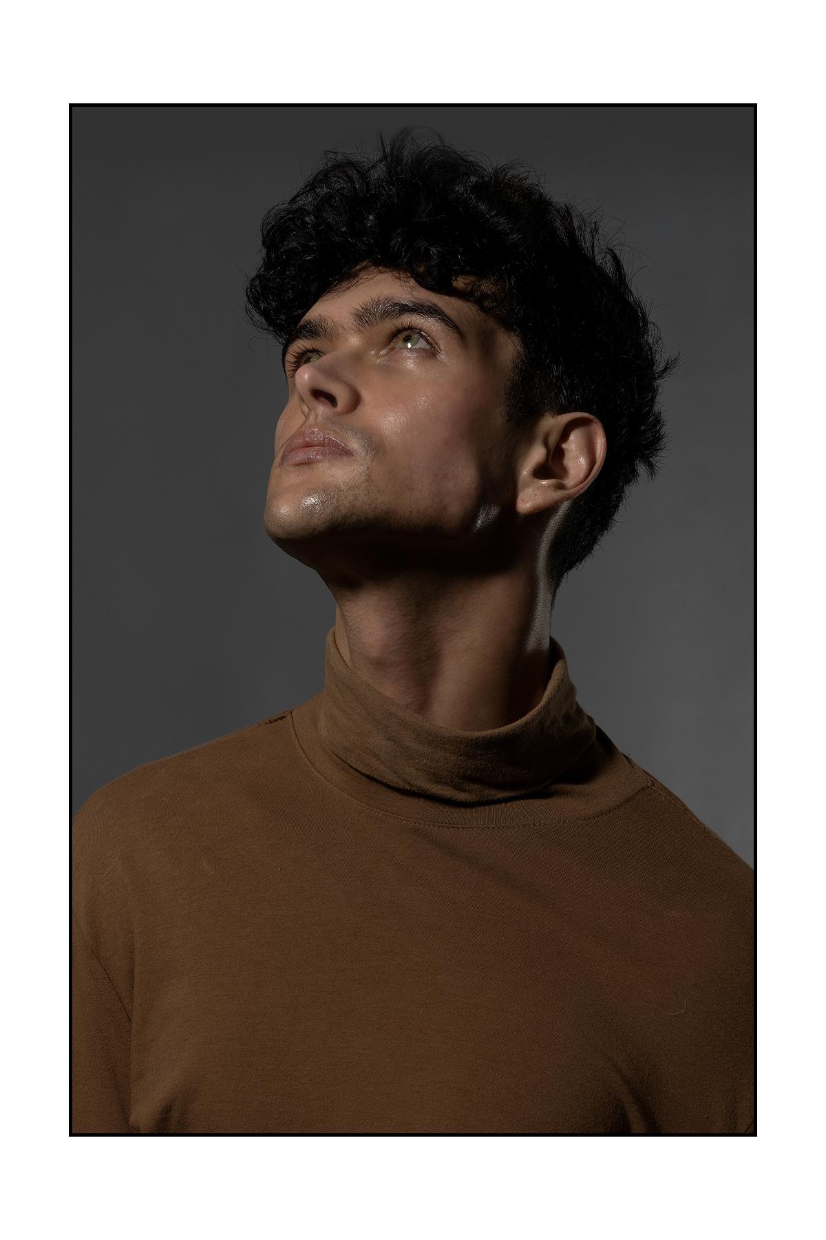 Male model Simon in brown polo neck sweater, editorial photographer Sheffield, Lance Burkitt