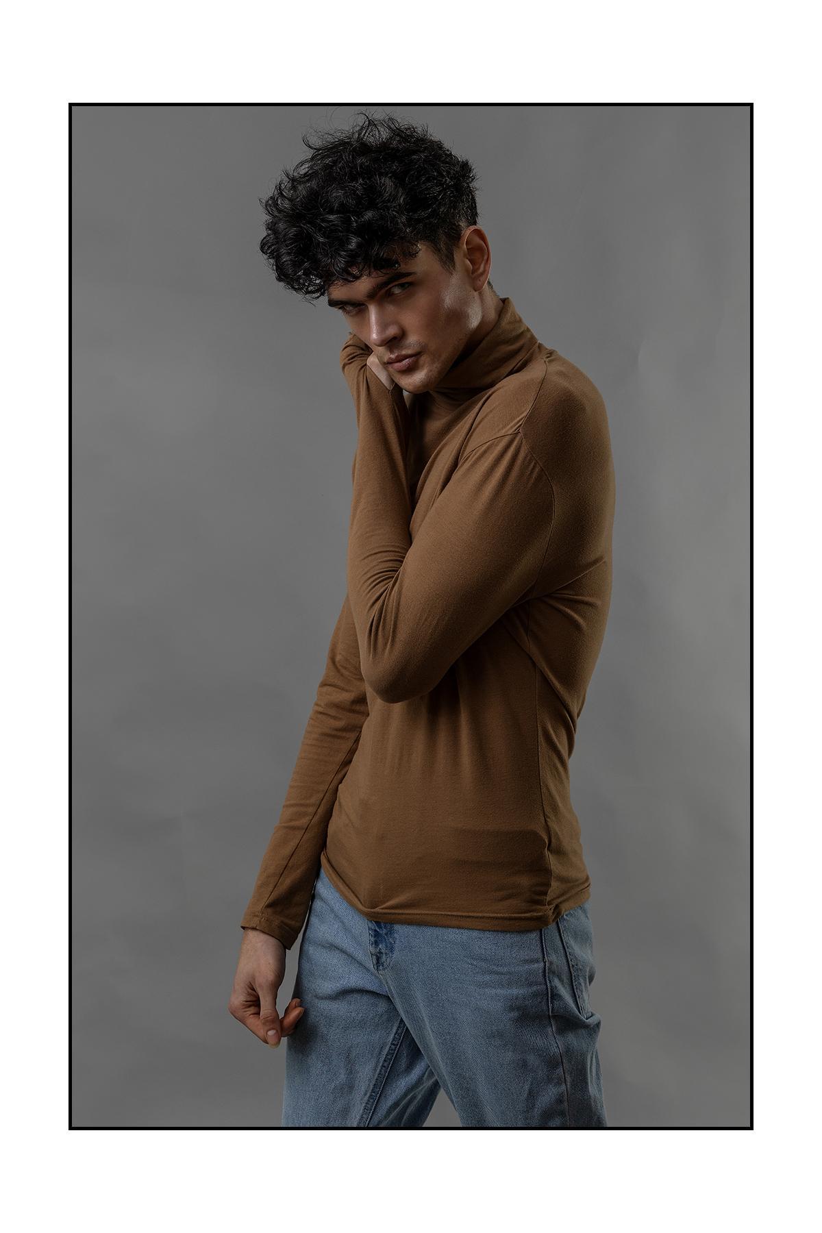 Simon Male model in brown polo neck sweater, editorial photographer Sheffield, Lance Burkitt